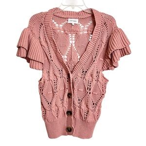 Driftwood Womens Poppi Cap Sleeves Cardigan Sweater L Pink Boho Ruffle Feminine